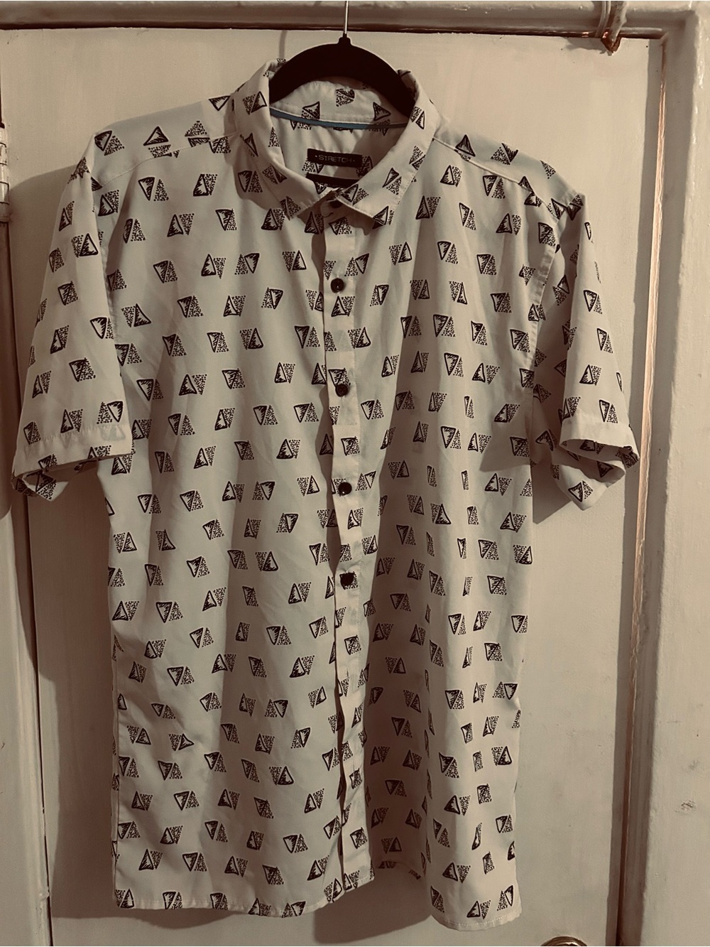 Men's White Short-Sleeve Button-Down Shirt with Black Geometric Print